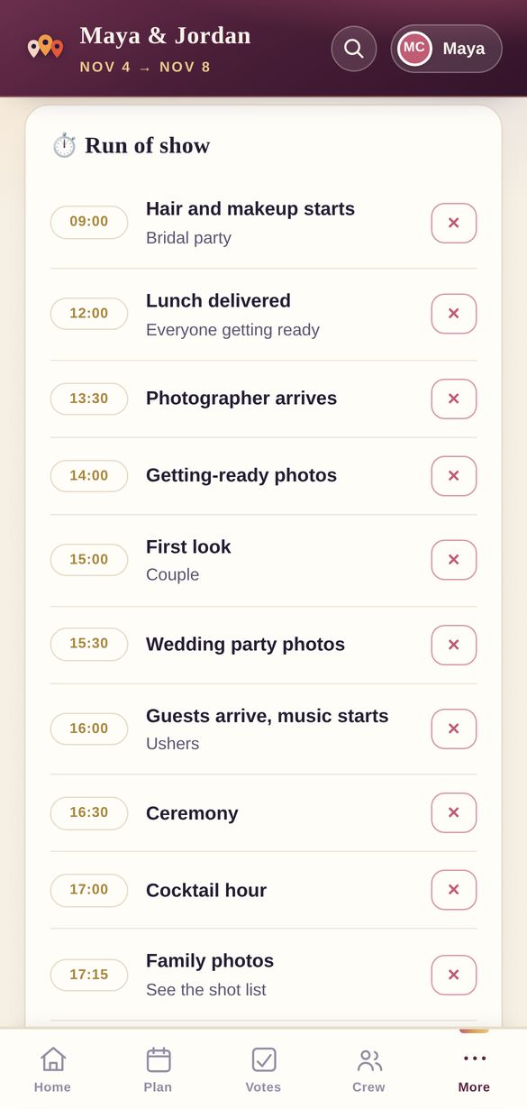 A wedding run of show with times, and vendor phone numbers
