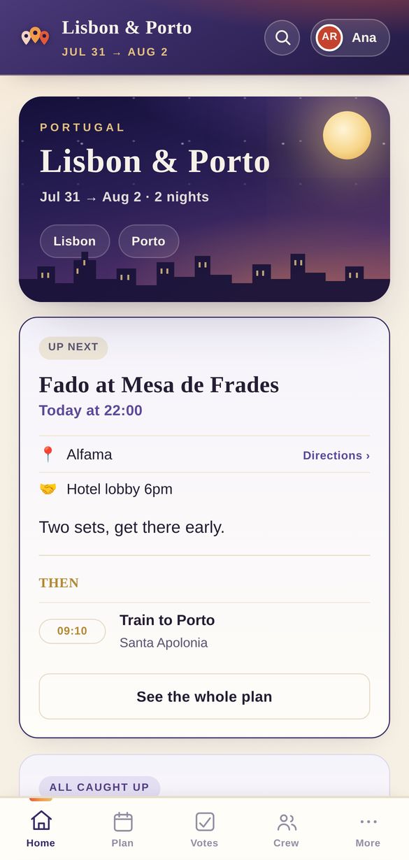 The home screen during the trip, showing the next event with directions