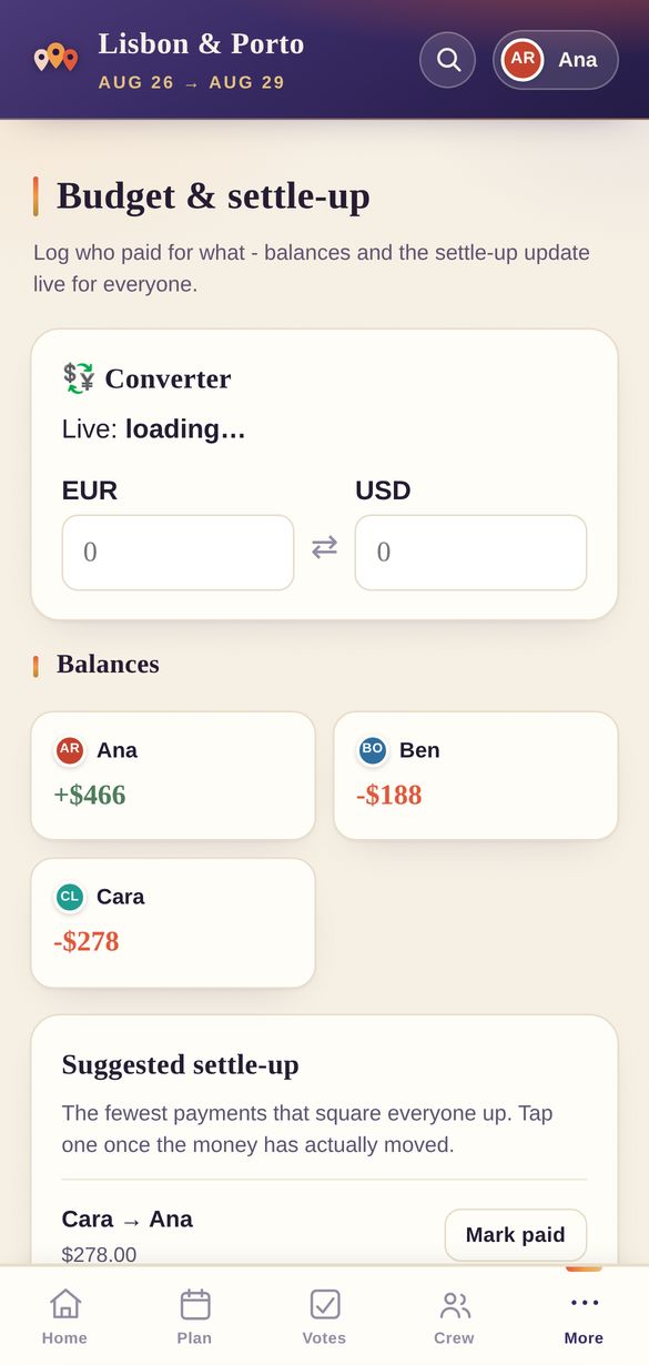 Settle up showing who owes who and a mark paid button