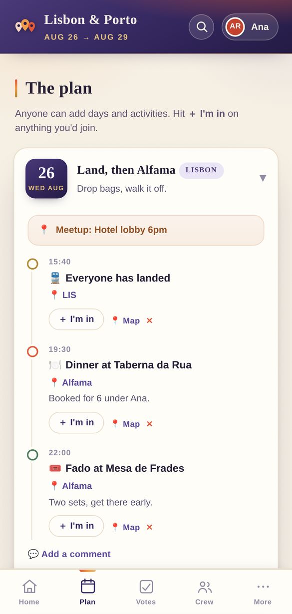 The shared itinerary with times, places and who is in