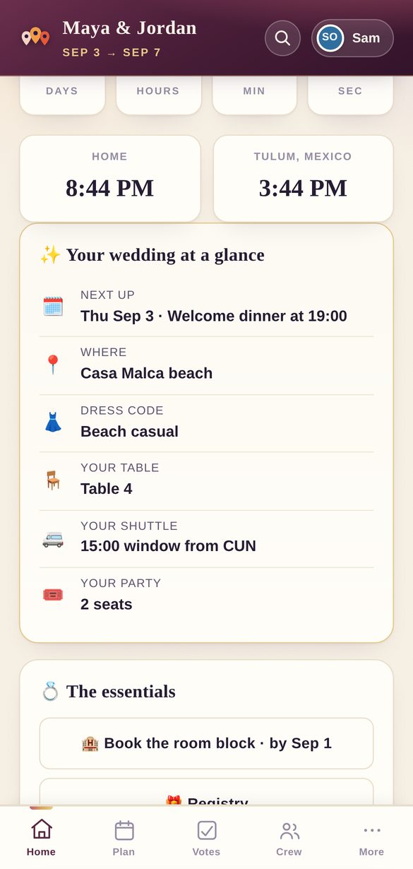 A guest's home screen showing what is next, where it is, the dress code and their table